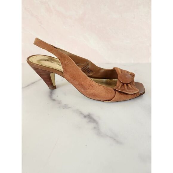 Maripe womens 7.5 leather medium brown high heel bow peep toe slingback block he - Picture 2 of 7